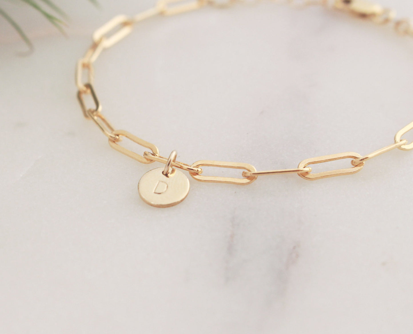 Initial Charm Bracelet -  Paperclip Chain (Small) - 14k Gold filled 3.4mm Elongated Chain, 6.4mm Round Initial Charm