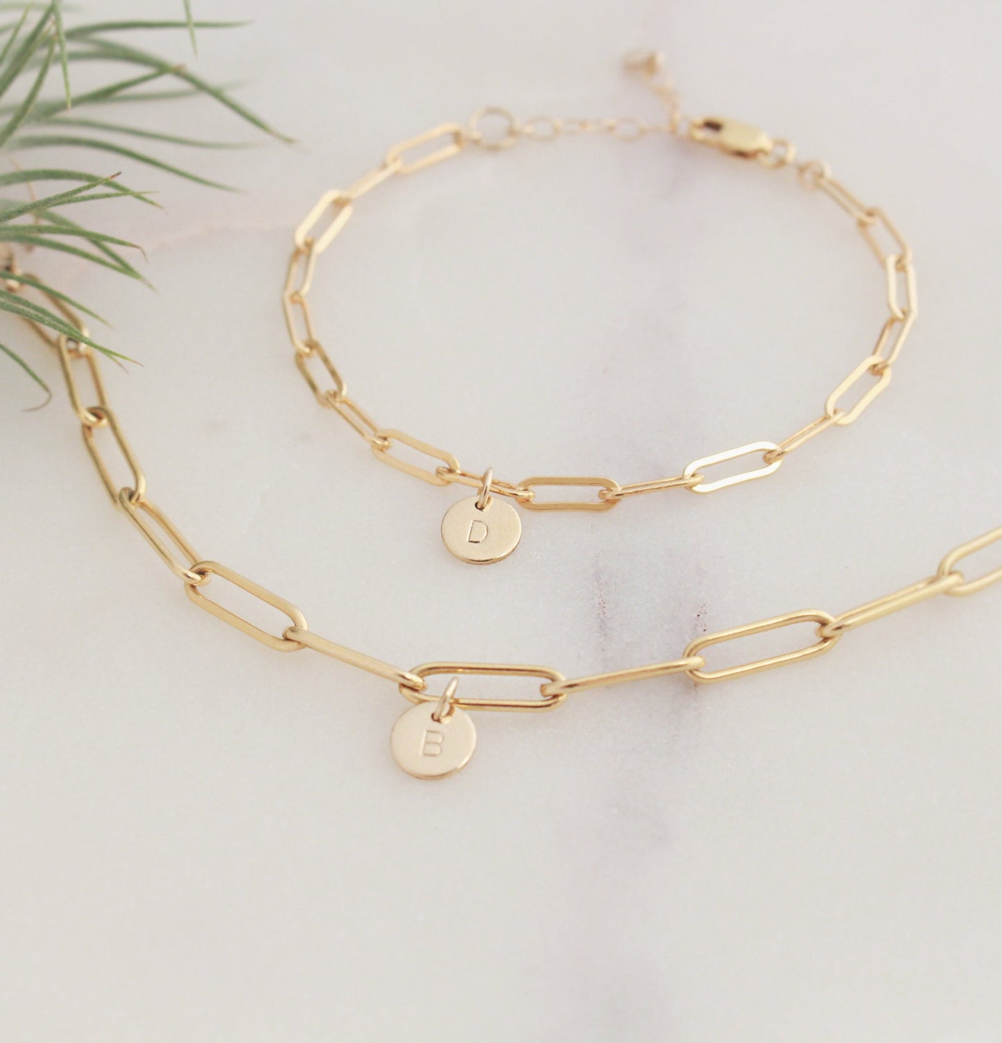 Initial Charm Bracelet -  Paperclip Chain (Small) - 14k Gold filled 3.4mm Elongated Chain, 6.4mm Round Initial Charm