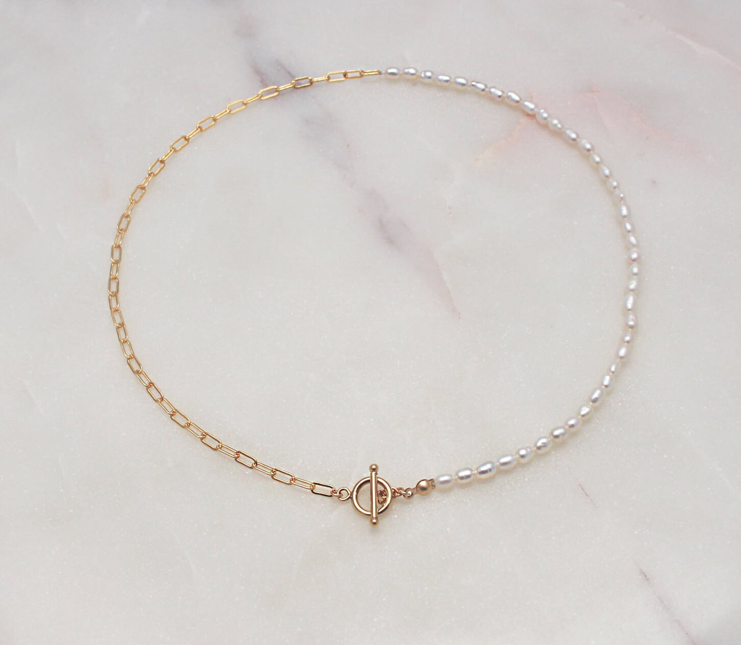 Half & Half Pearl Choker Necklace - 14k Gold Filled 3.1mm Rectangle Chain and Toggle, 3-4mm White Freshwater Pearl