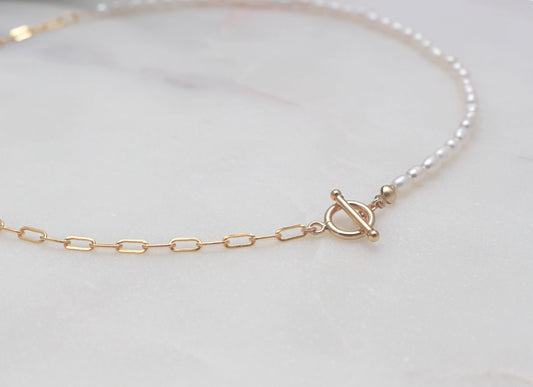 Half & Half Pearl Choker Necklace - 14k Gold Filled 3.1mm Rectangle Chain and Toggle, 3-4mm White Freshwater Pearl