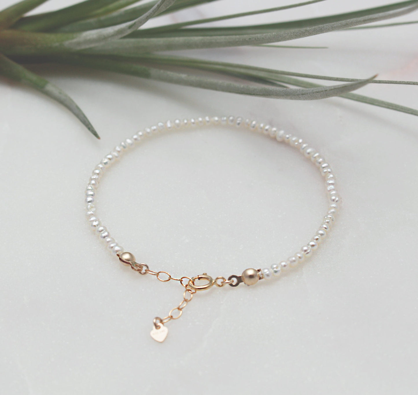 Tiny Pearl Bracelet - 14k Gold filled Clasp and Extender, 2mm Seed Pearl: White Potato Pearl, Natural