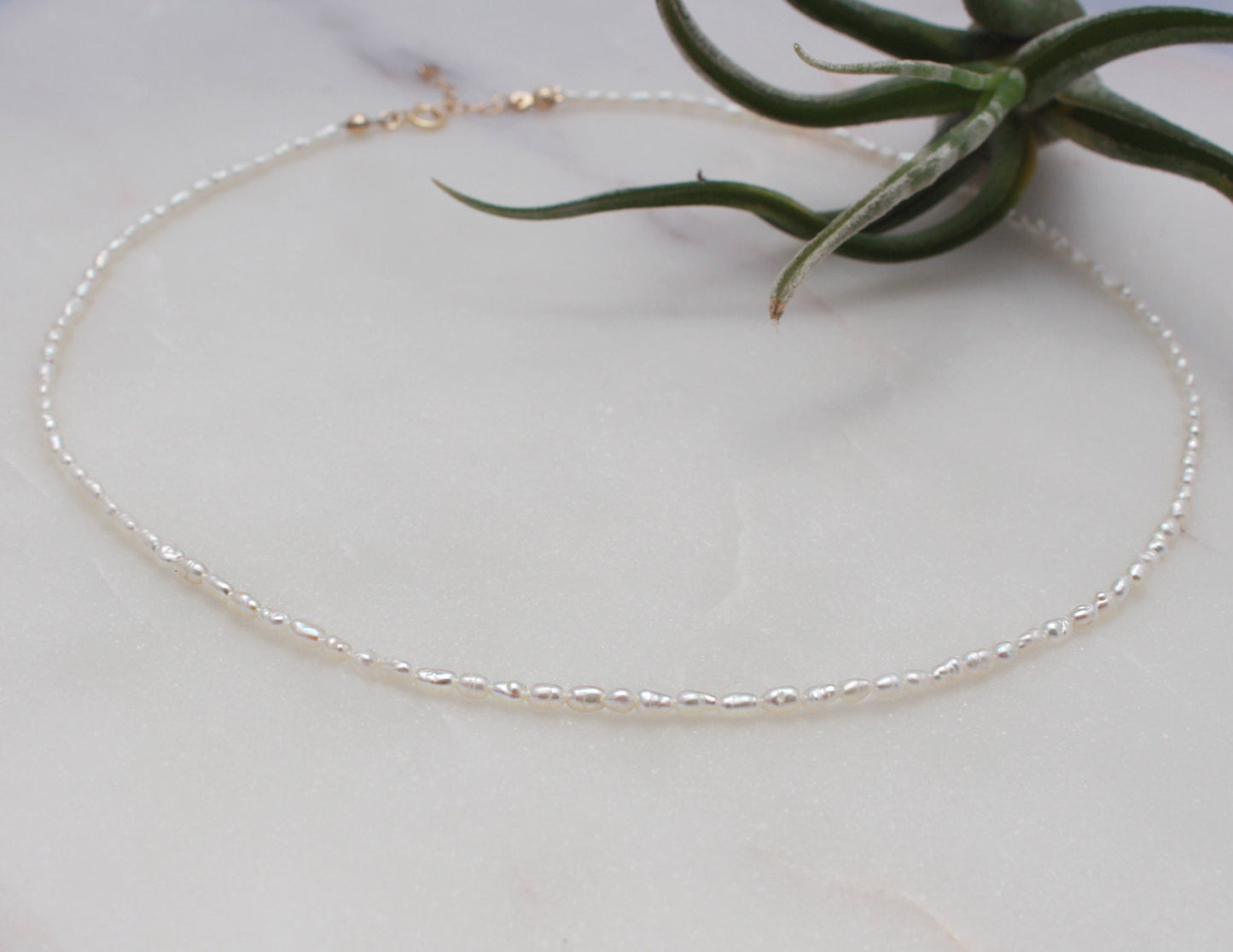 Tiny Rice Pearl Necklace - 14k Gold Filled Clasp & Extender, 2.5mm White Freshwater Rice Pearl, Seed Pearl