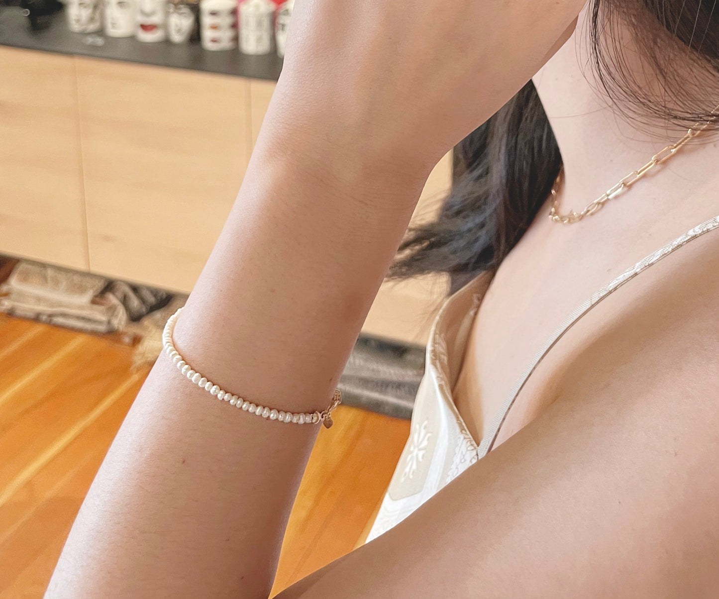 Tiny Pearl Bracelet - 14k Gold filled Clasp and Extender, 2mm Seed Pearl: White Potato Pearl, Natural