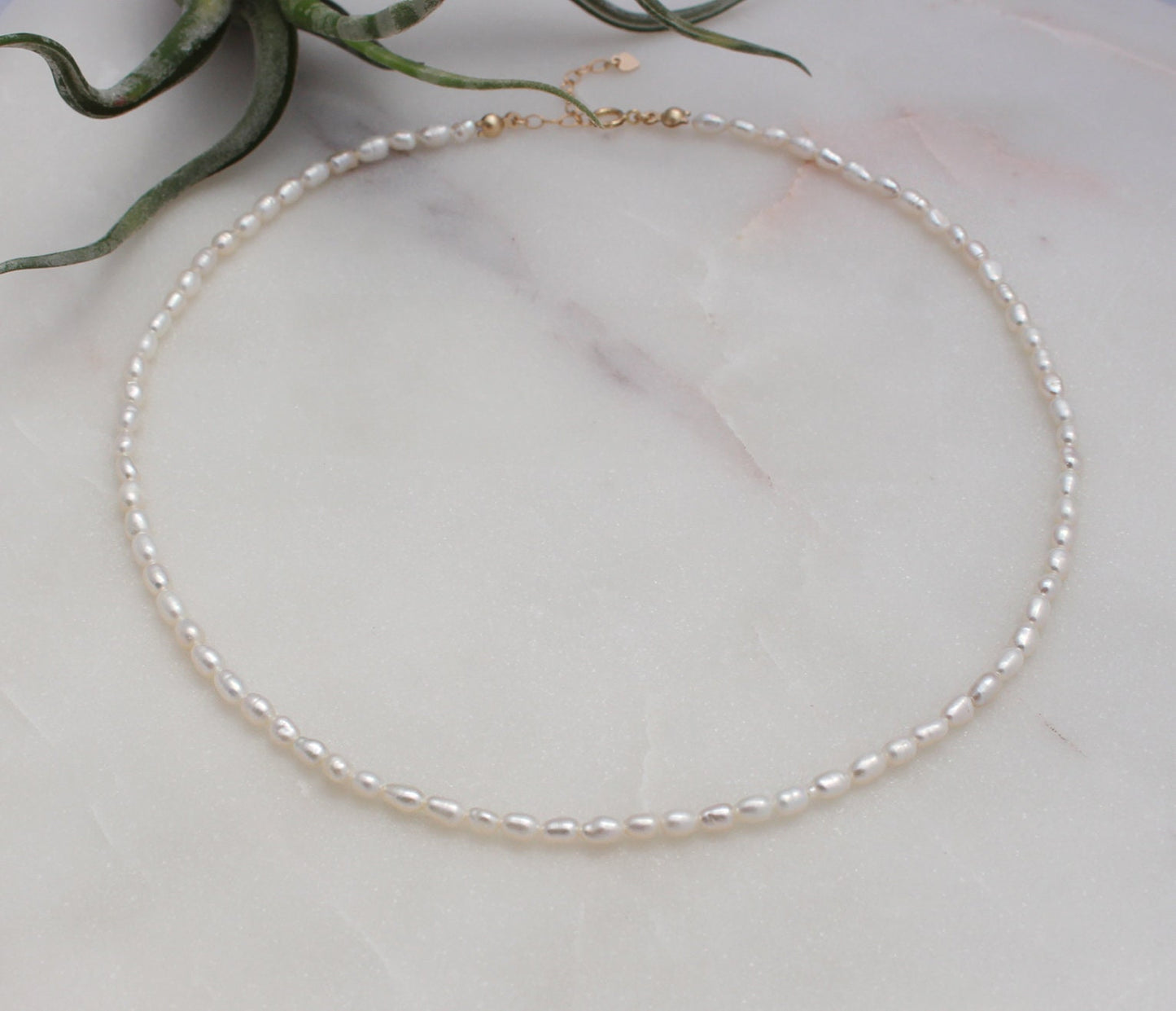 Rice Pearl Necklace - 14k Gold Filled Clasp & Extender, 3-4mm White Freshwater Natural Rice Pearl, Medium Seed Pearl