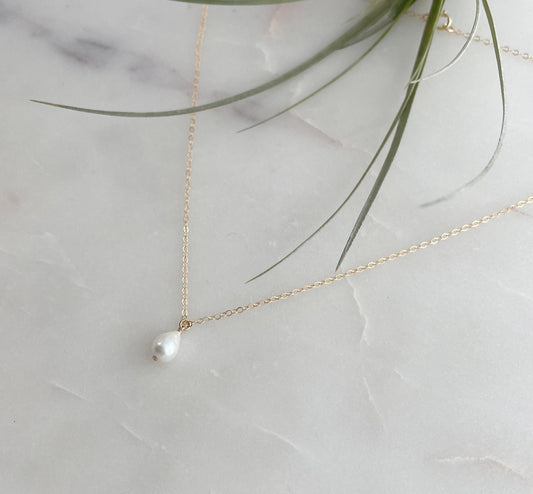 Mini Baroque Pearl Charm Necklace - White Freshwater Teardrop Pearl, 7-8mm Wide, 8-9mm long, 14k Gold Filled Chain