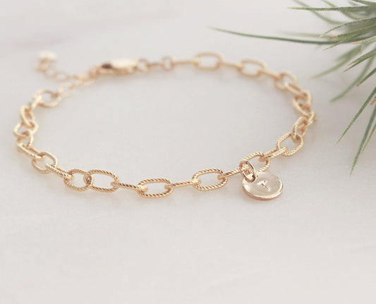 Initial Charm Bracelet -  Chunky Textured Oval Cable - 14k Gold filled 4mm Textured Oval Cable Chain, 6.4mm Round Initial Charm