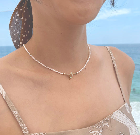 Tiny Pearl Toggle Choker Necklace - 14k Gold Filled Toggle & Bar, 2-3mm White Rice Pearl, Dainty, Freshwater, Seed Pearl, Reversable